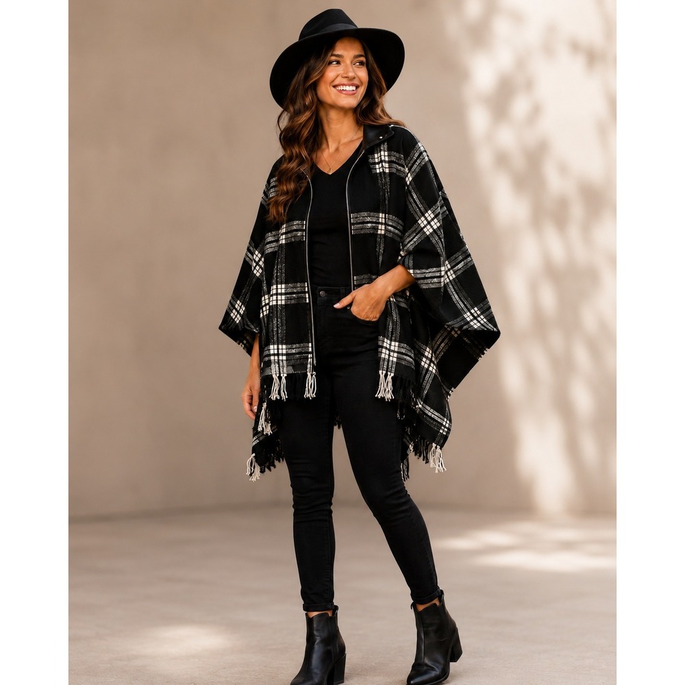 Edgy Western Plaid Moto Poncho Fringe Boho Rocker Fall Moto M/L Zip Faux Leather